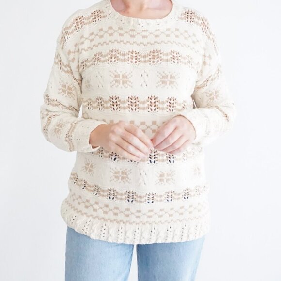 Vintage Liz Sport Cream Tan Knit Grandmacore 100% Cotton Crewneck Sweater M - Picture 2 of 10
